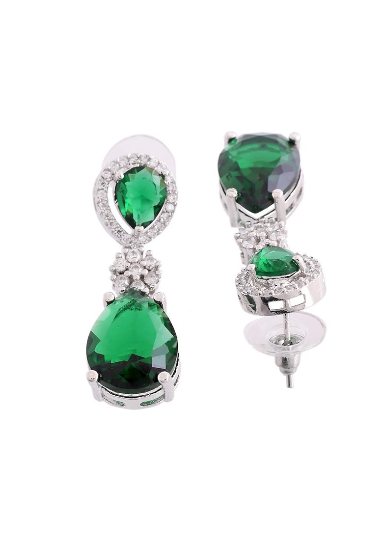 Silver Plated Green Stone Studded Floral Shaped Studs Earrings - Indya