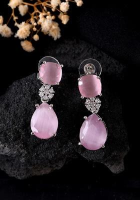 Silver Plated Baby Pink Stone Studded Floral Shaped Studs Earrings