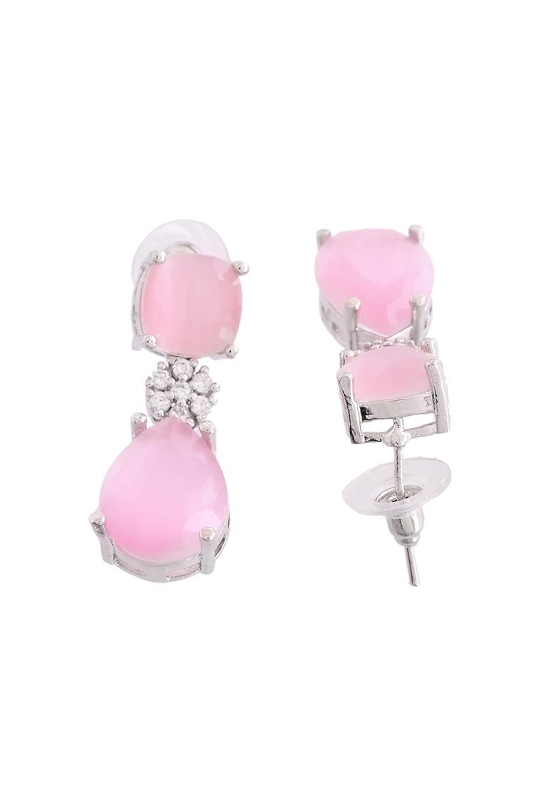Silver Plated Baby Pink Stone Studded Floral Shaped Studs Earrings - Indya