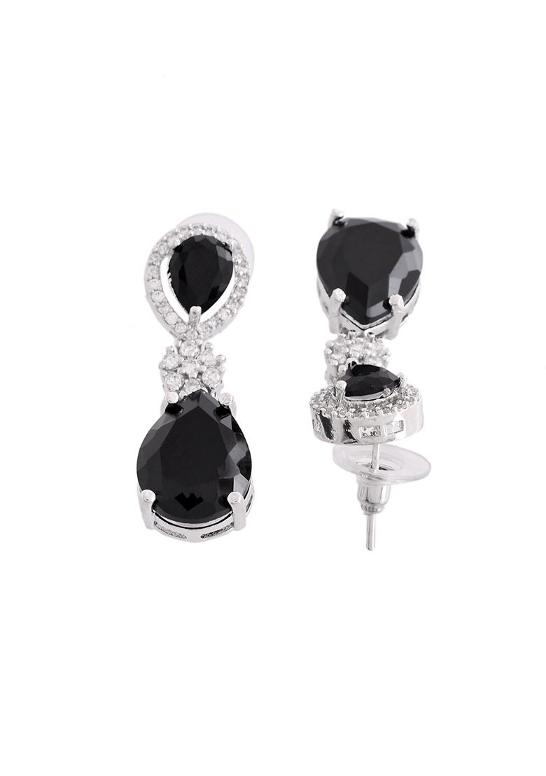 Silver Plated Black Stone Studded Floral Shaped Studs Earrings - Indya