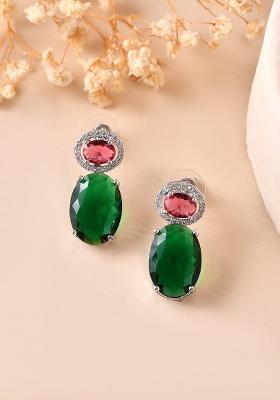 Silver Plated Green And Red Stone Studded Elegent AD Earrings 