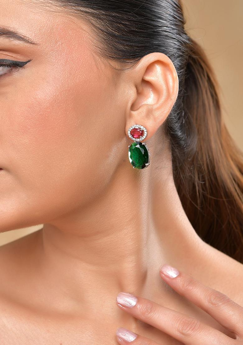 Silver Plated Green And Red Stone Studded Elegent AD Earrings  - Indya