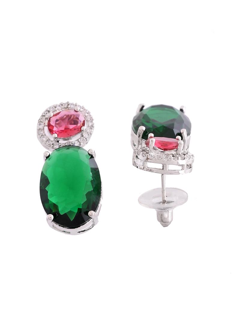 Silver Plated Green And Red Stone Studded Elegent AD Earrings  - Indya