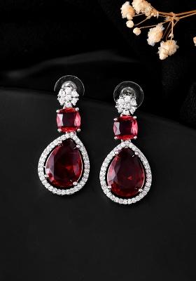 Silver Plated Red Stone Studded AD Earrings