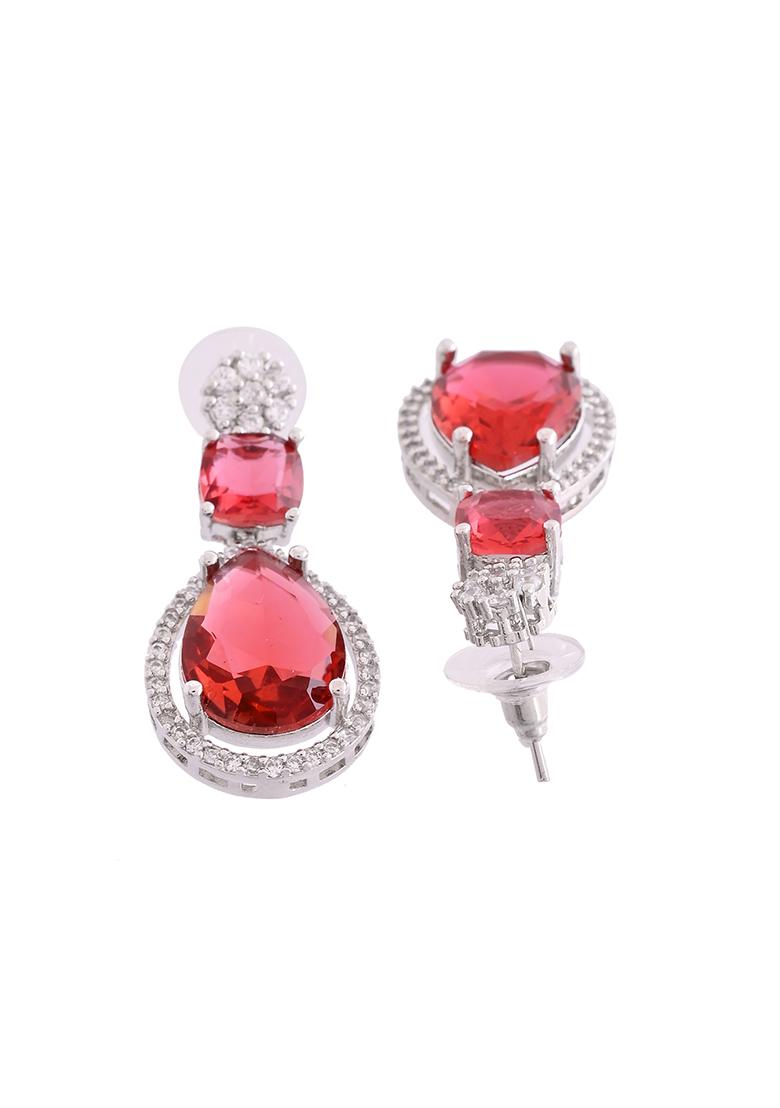 Silver Plated Red Stone Studded AD Earrings - Indya