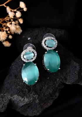 Silver Plated Sea Green Stone Studded AD Earrings