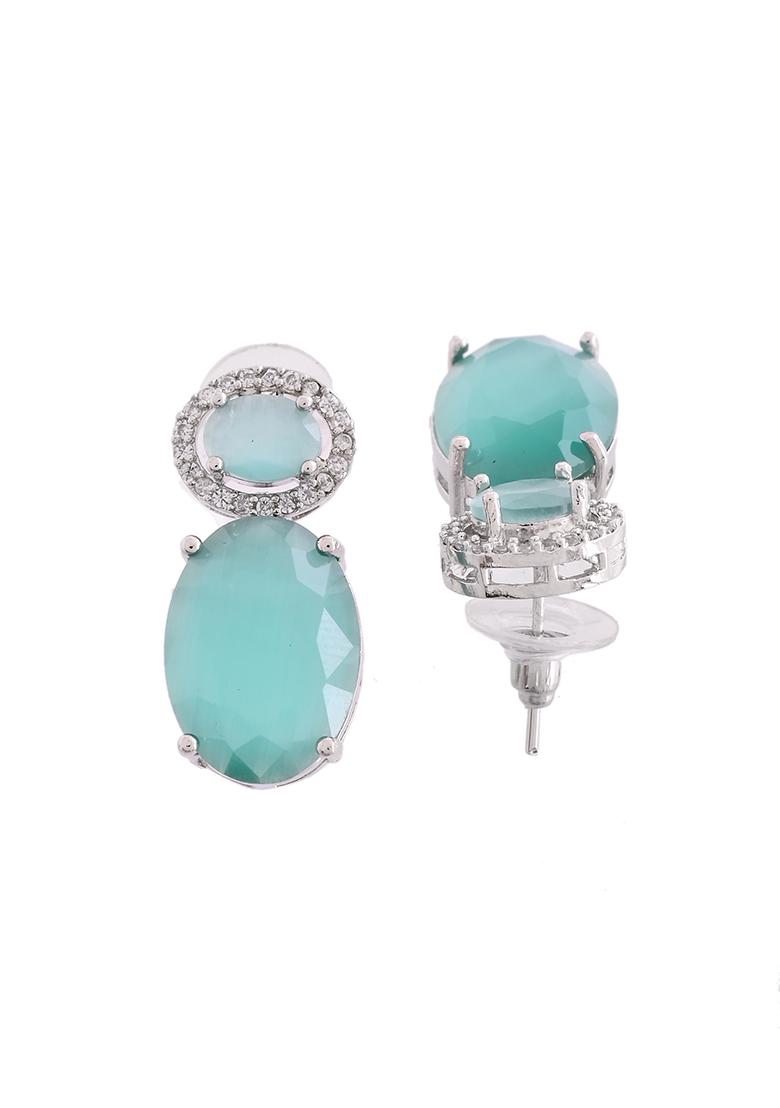 Silver Plated Sea Green Stone Studded AD Earrings - Indya