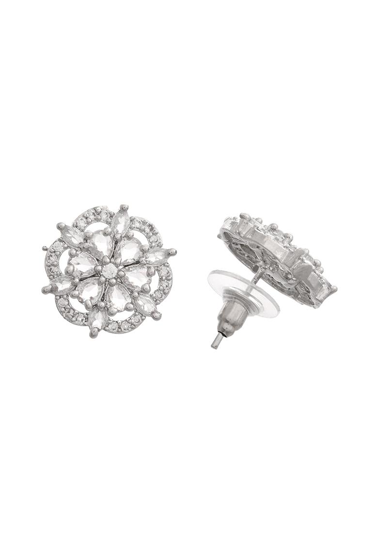 Silver Plated Floral Shape AD Stone Studded Studs Earrings - Indya
