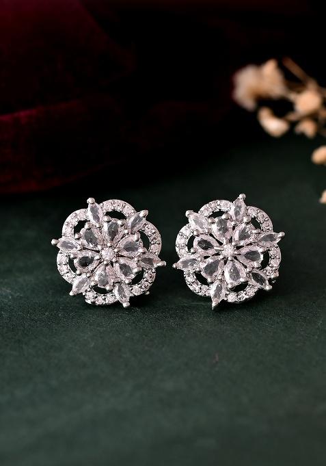 Silver Plated Floral Shape AD Stone Studded Studs Earrings