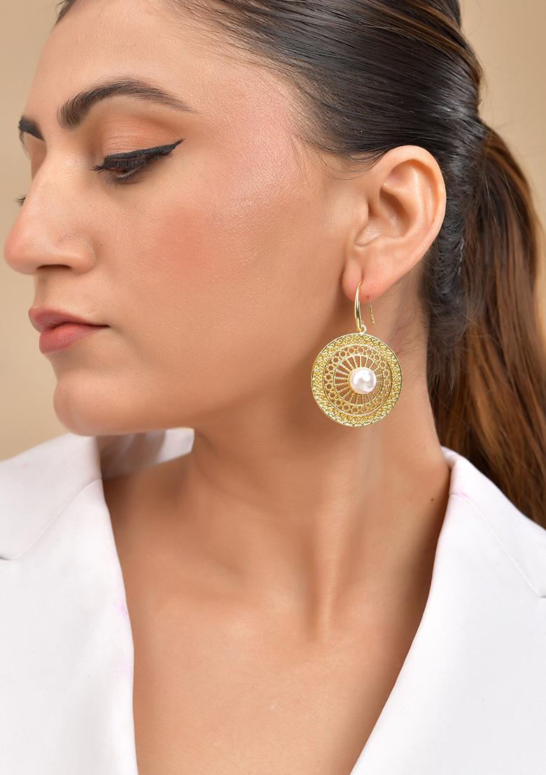 Gold Plated Anti Tarinshed Circular Shaped Drop Earrings - Indya