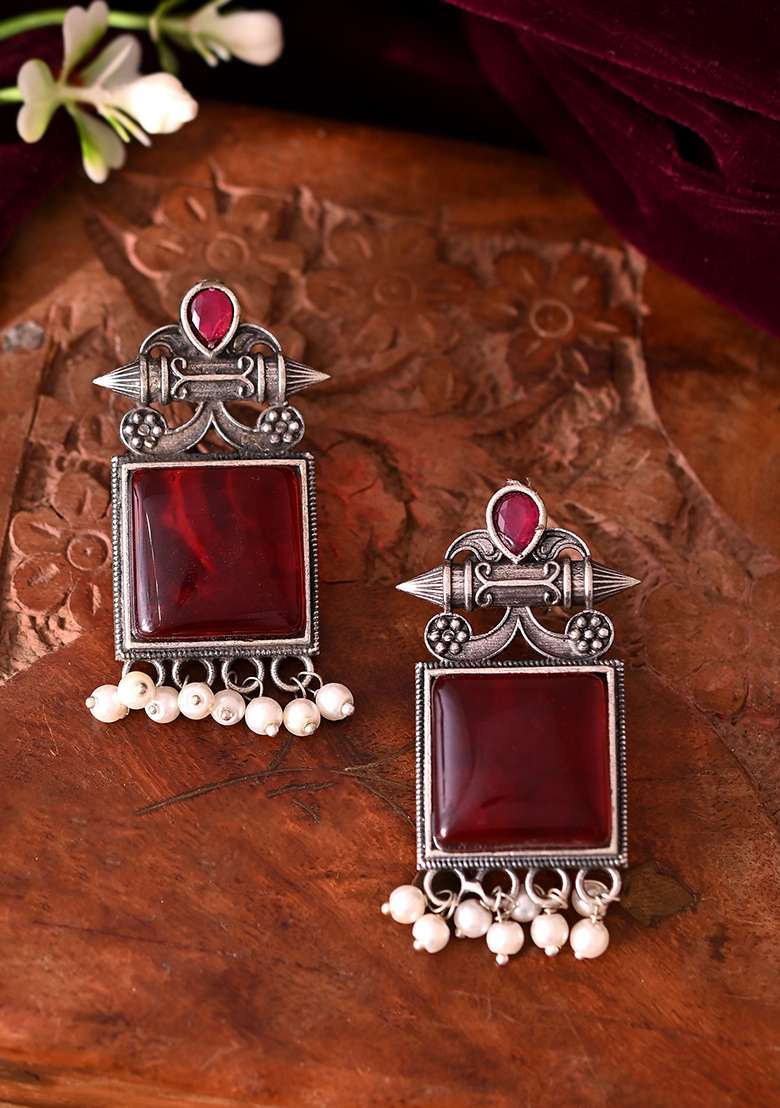 Silver Plated Oxidized Red Stone Studded Earrings - Indya