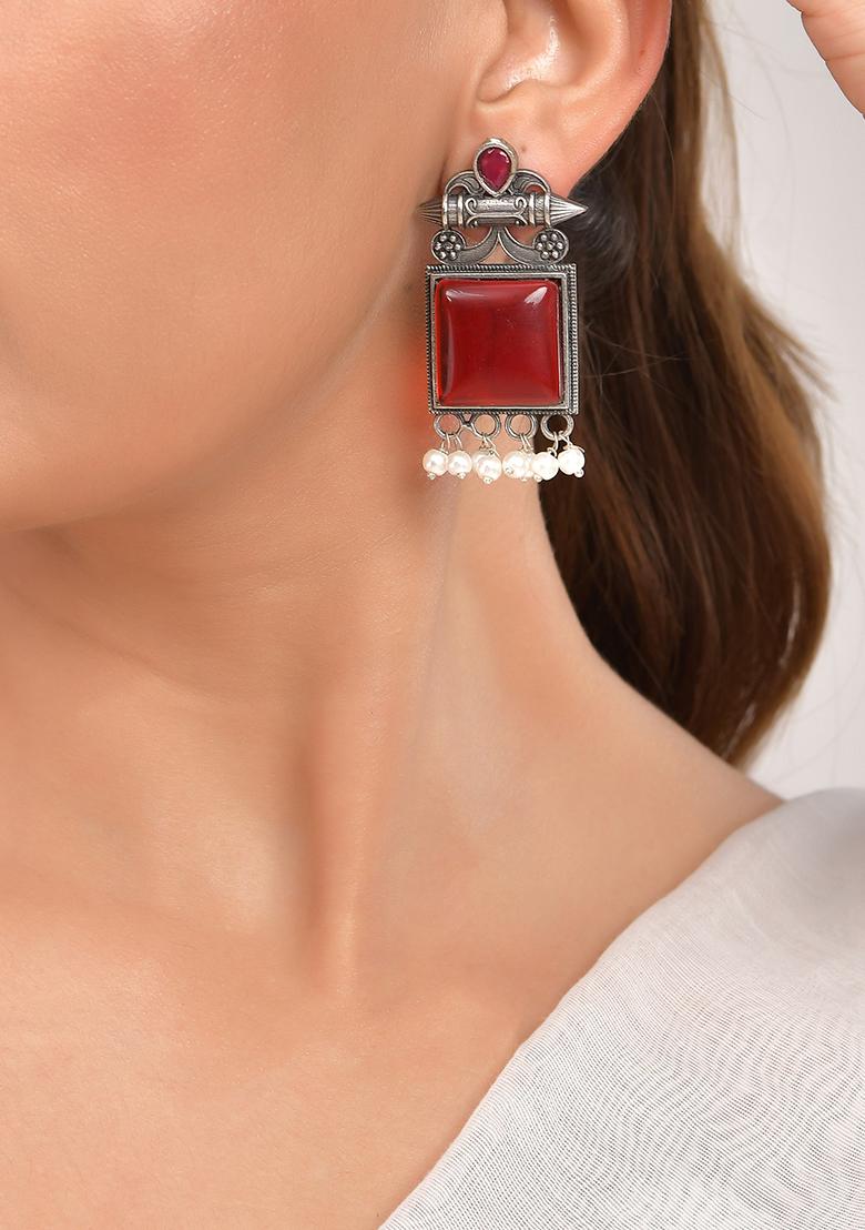 Silver Plated Oxidized Red Stone Studded Earrings - Indya