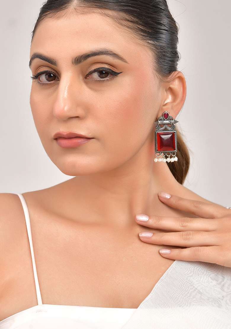 Silver Plated Oxidized Red Stone Studded Earrings - Indya