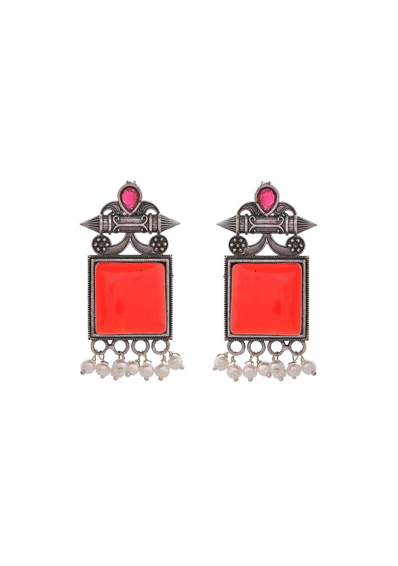 Silver Plated Oxidized Red Stone Studded Earrings - Indya