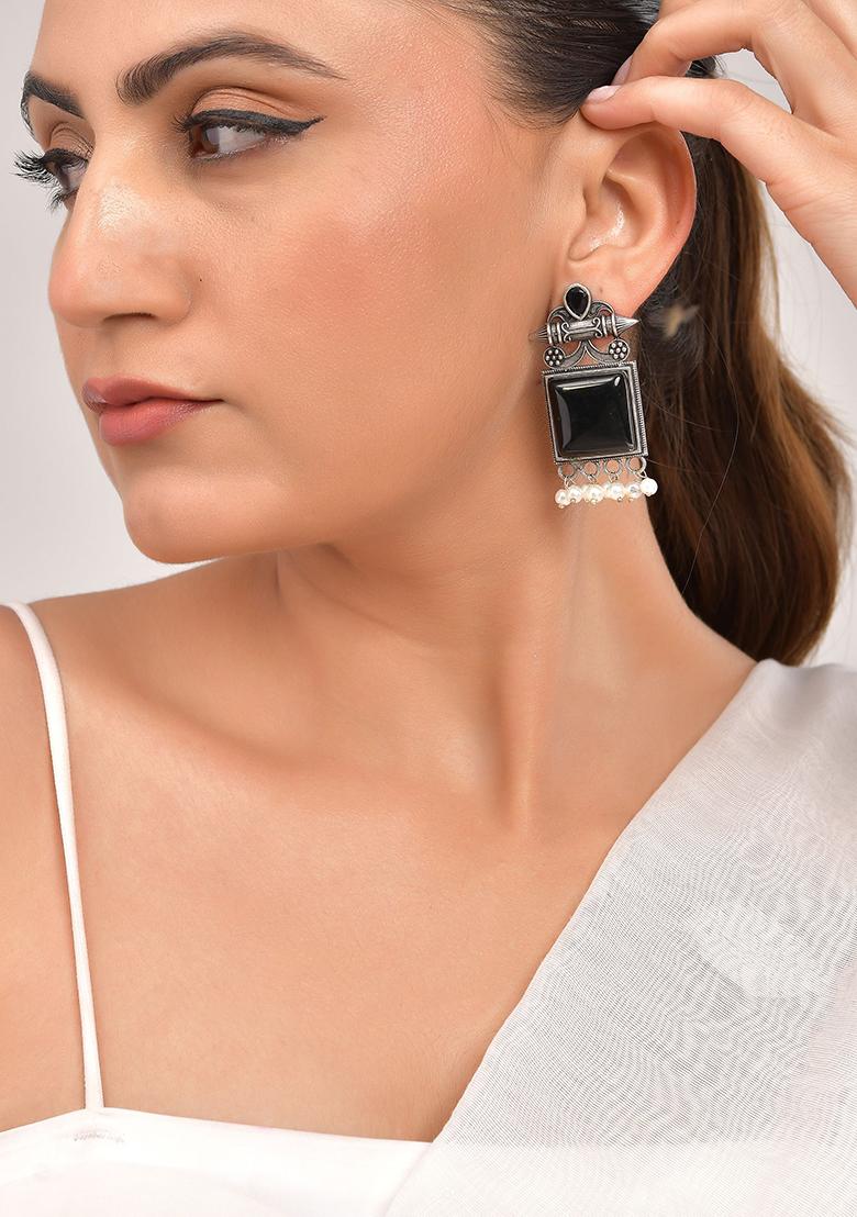 Silver Plated Oxidized Black Stone Studded Earrings - Indya