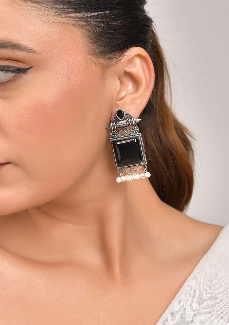 Silver Plated Oxidized Black Stone Studded Earrings - Indya