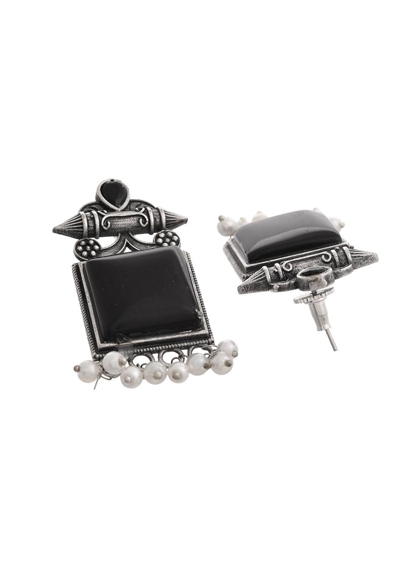Silver Plated Oxidized Black Stone Studded Earrings - Indya