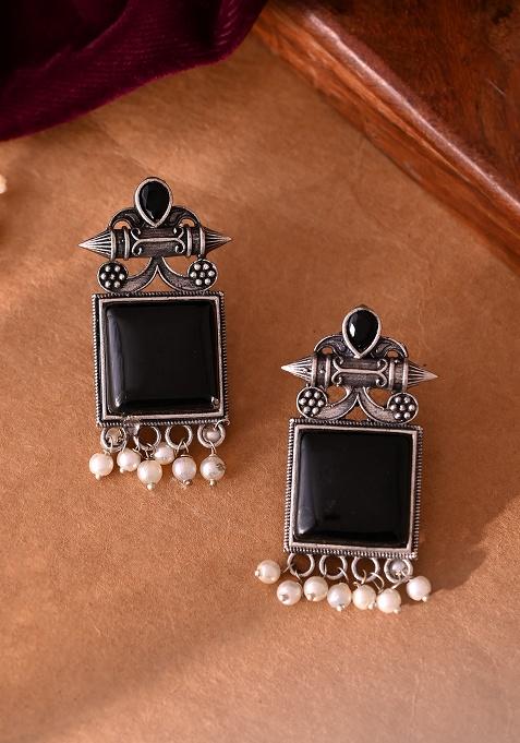 Silver Plated Oxidized Black Stone Studded Earrings