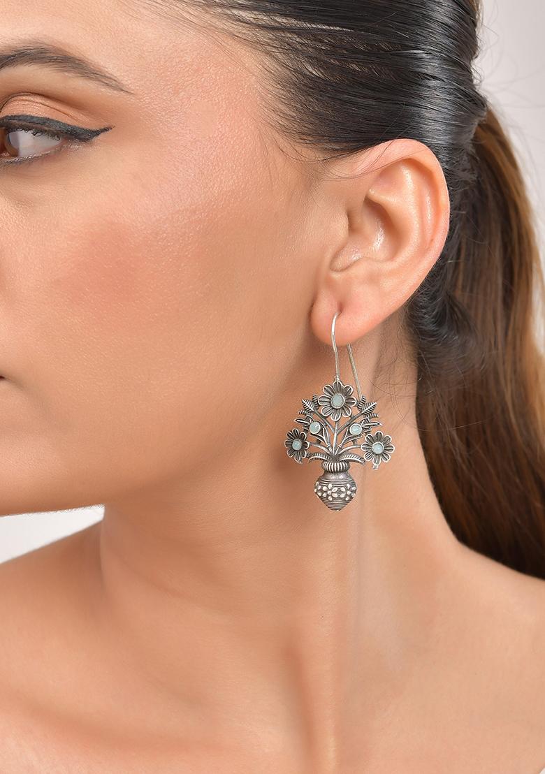 Silver Plated Floral Shaped oxidized Drop Earrings - Indya