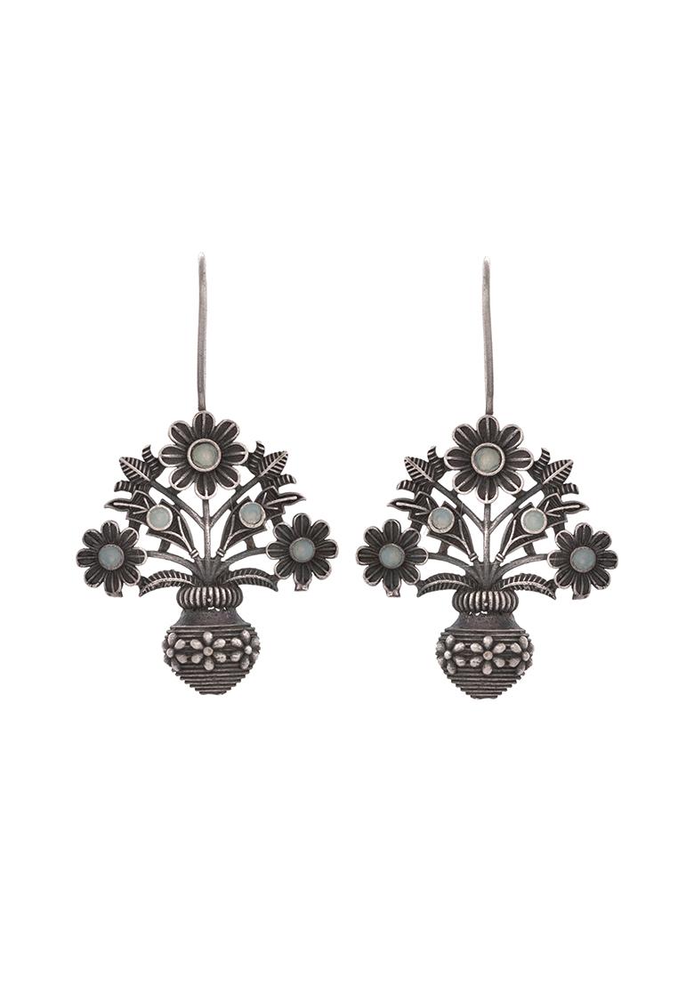 Silver Plated Floral Shaped oxidized Drop Earrings - Indya
