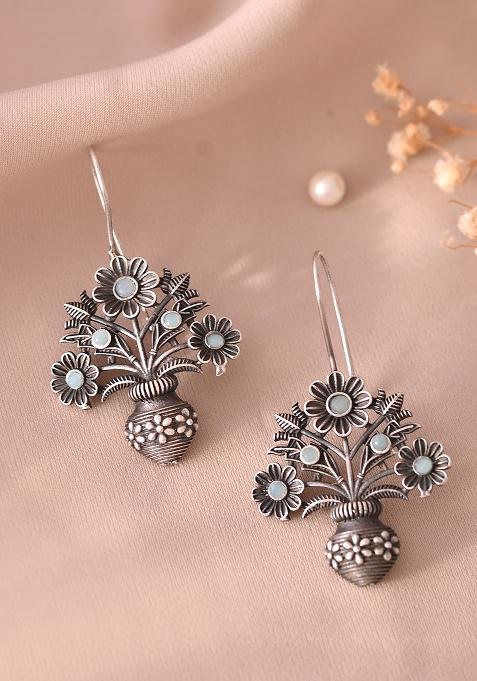 Silver Plated Floral Shaped oxidized Drop Earrings