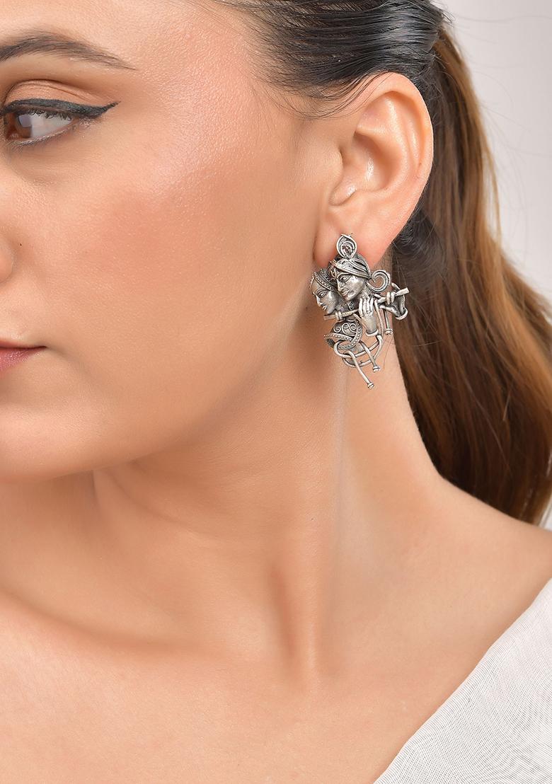 Silver Plated Oxidized kanha Shaped Earrings - Indya