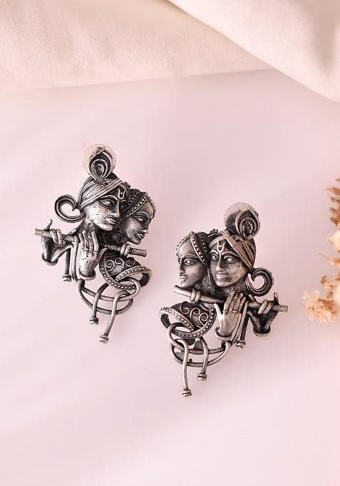 Silver Plated Oxidized kanha Shaped Earrings