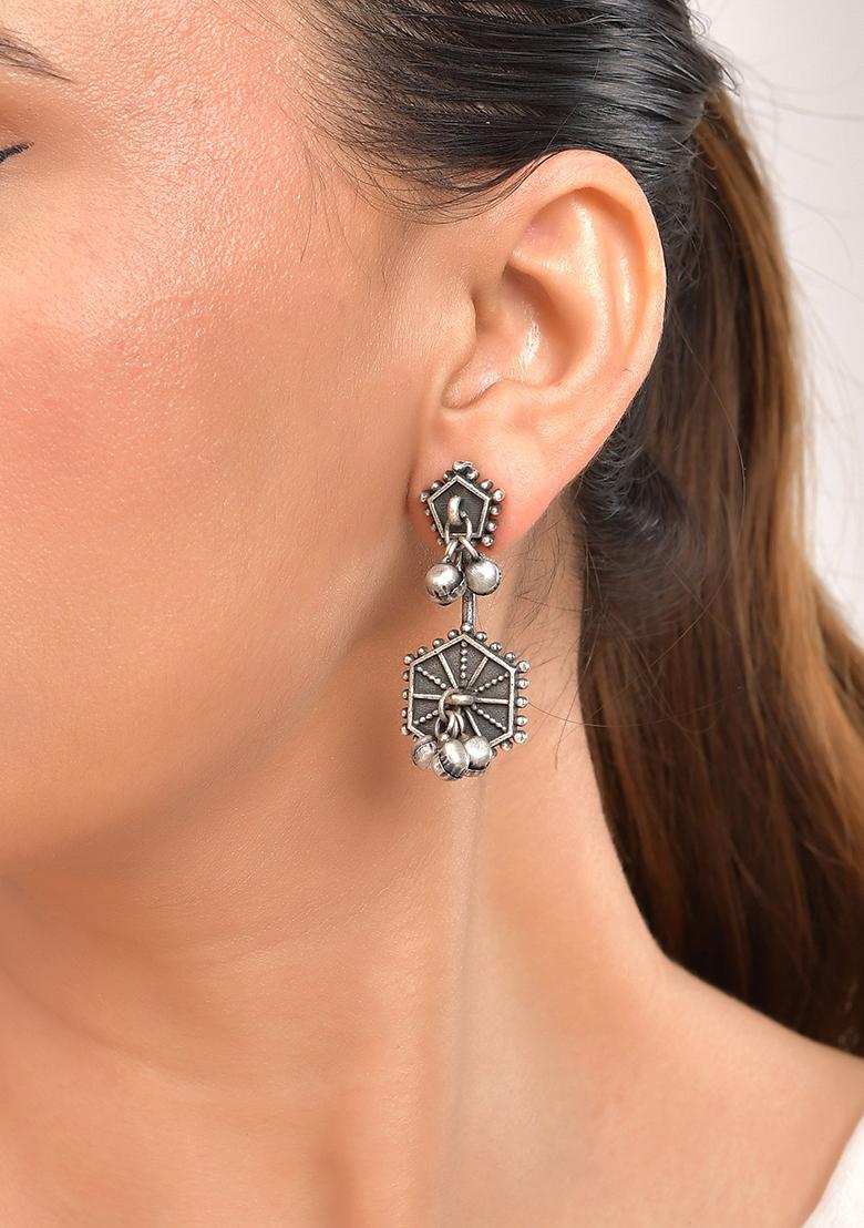 Silver Plated Oxidized geometrical Shaped Studs Earrings - Indya