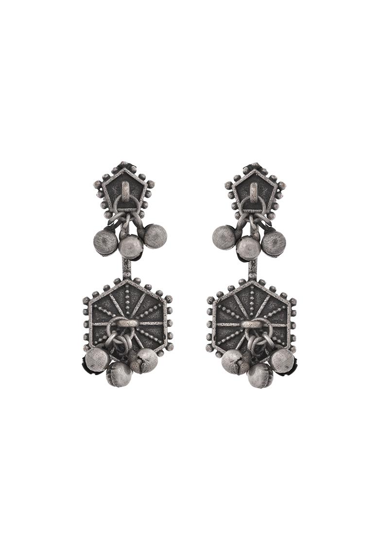 Silver Plated Oxidized geometrical Shaped Studs Earrings - Indya