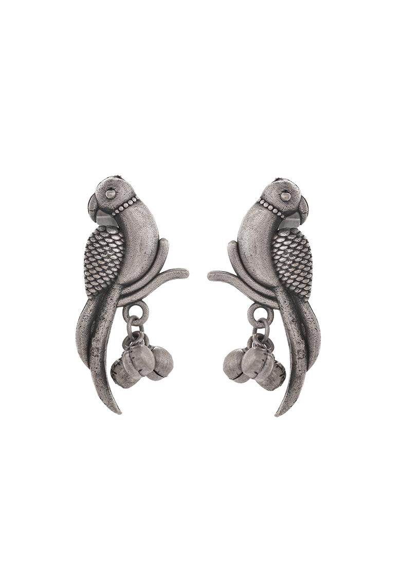 Silver Plated Oxidized Parrot Shaped Studs Earrings  - Indya