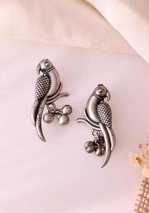 Silver Plated Oxidized Parrot Shaped Studs Earrings 