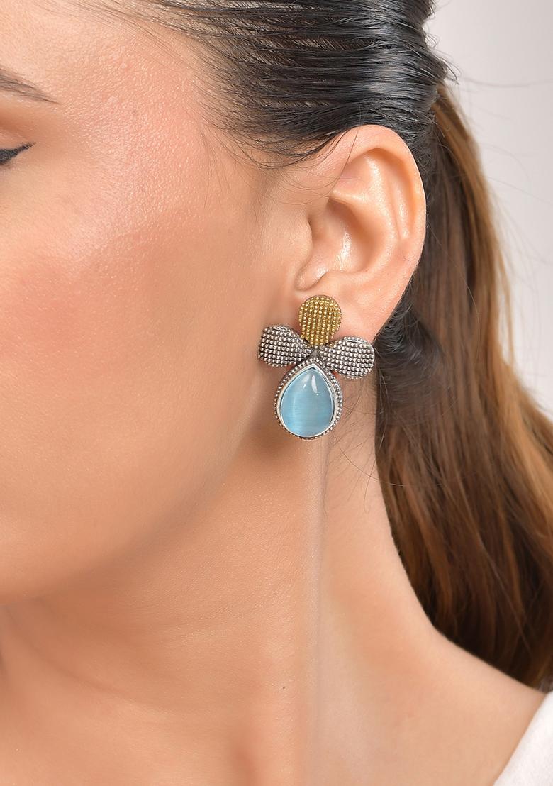 Silver Toned Blue Stone Studded Elegent Earrings  - Indya