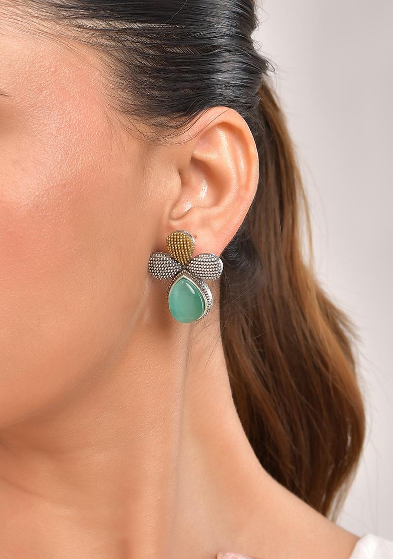 Silver Toned Teal Stone Studded Elegent Earrings  - Indya