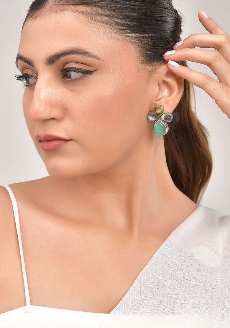 Silver Toned Teal Stone Studded Elegent Earrings  - Indya