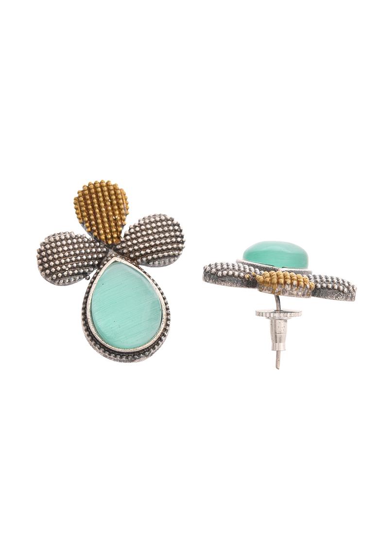 Silver Toned Teal Stone Studded Elegent Earrings  - Indya