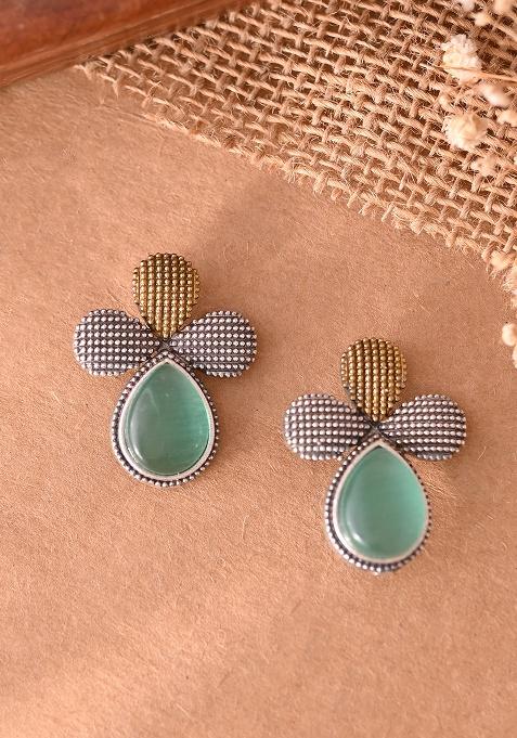 Silver Toned Teal Stone Studded Elegent Earrings 