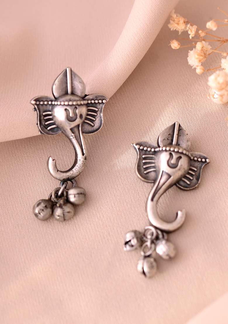 Silver Toned Designer Temple Earrings - Indya