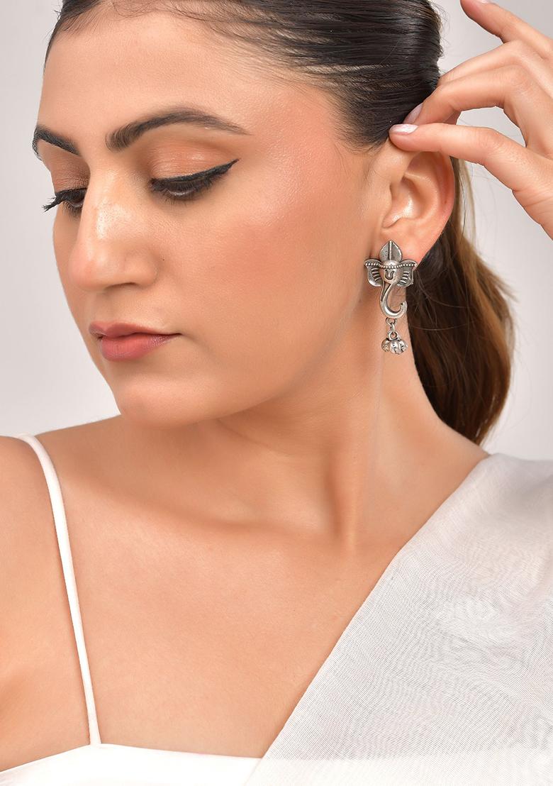 Silver Toned Designer Temple Earrings - Indya