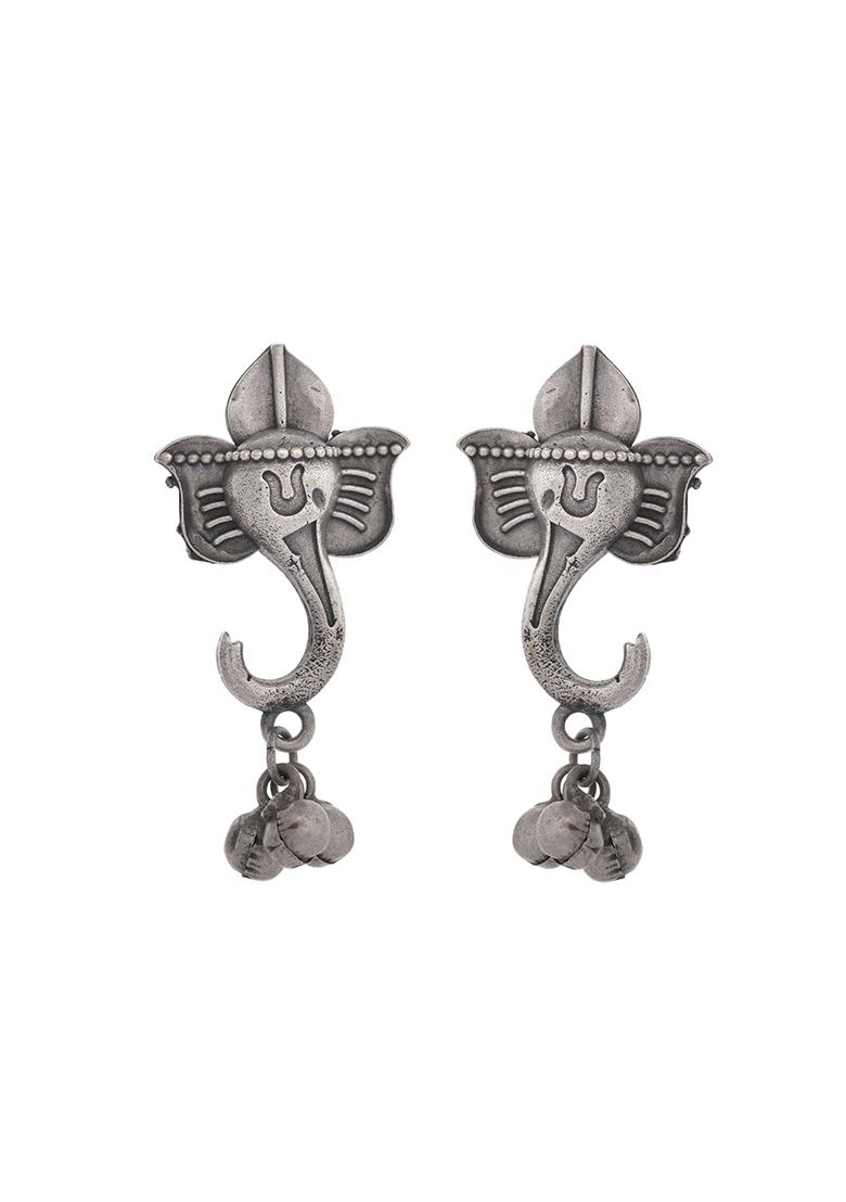 Silver Toned Designer Temple Earrings - Indya