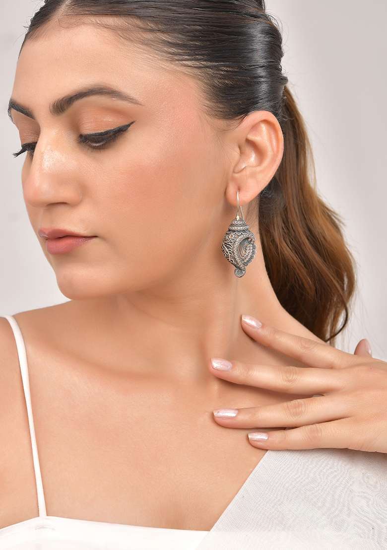 Silver Toned Designer Drop Earrings - Indya
