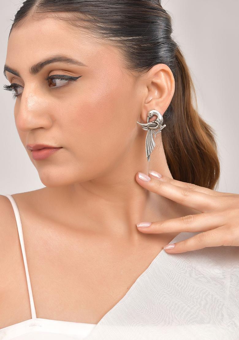 Silver Plated Bird Shaped Designer Studs Earrings - Indya