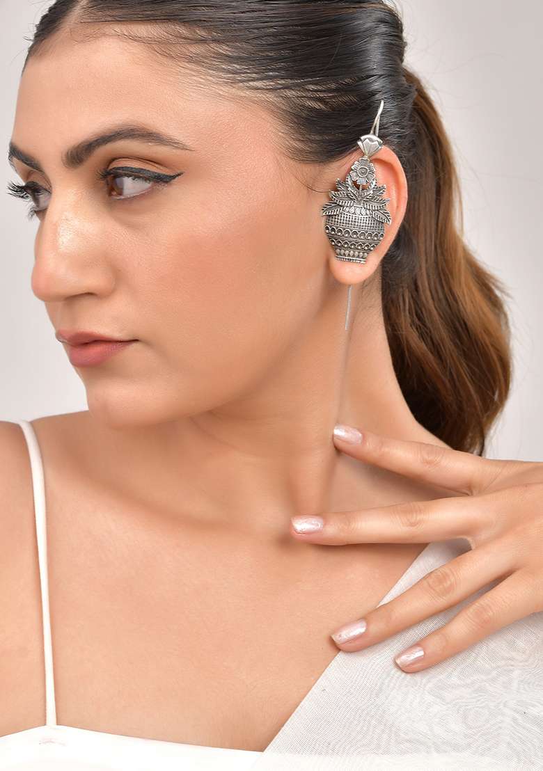 Silver Toned Designer Floral Shaped Ear Cuff - Indya