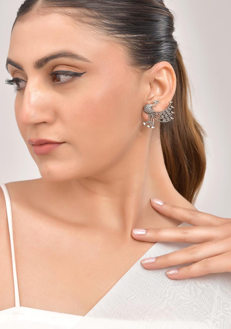 Silver Plated Dancing Peacock Shaped Studs Earrings - Indya