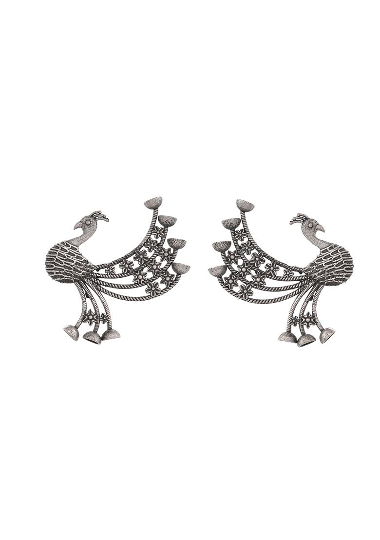 Silver Plated Dancing Peacock Shaped Studs Earrings - Indya