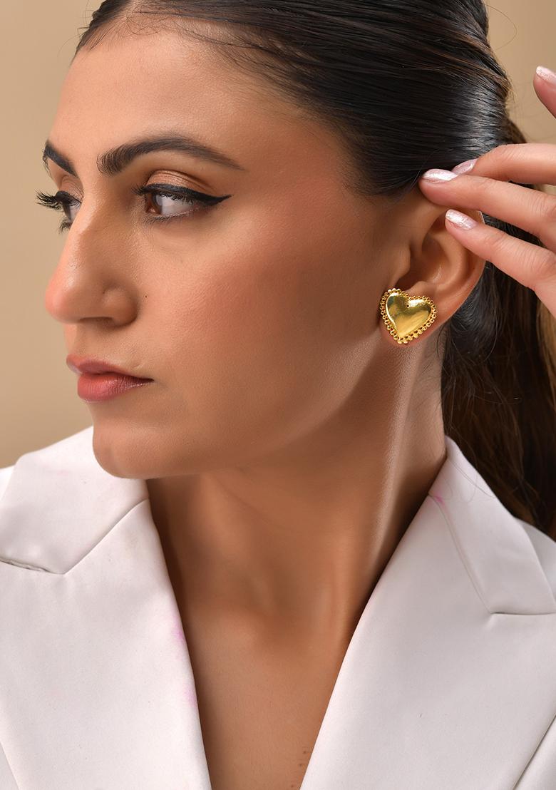 Gold Toned Heart Shaped Studs Earrings  - Indya