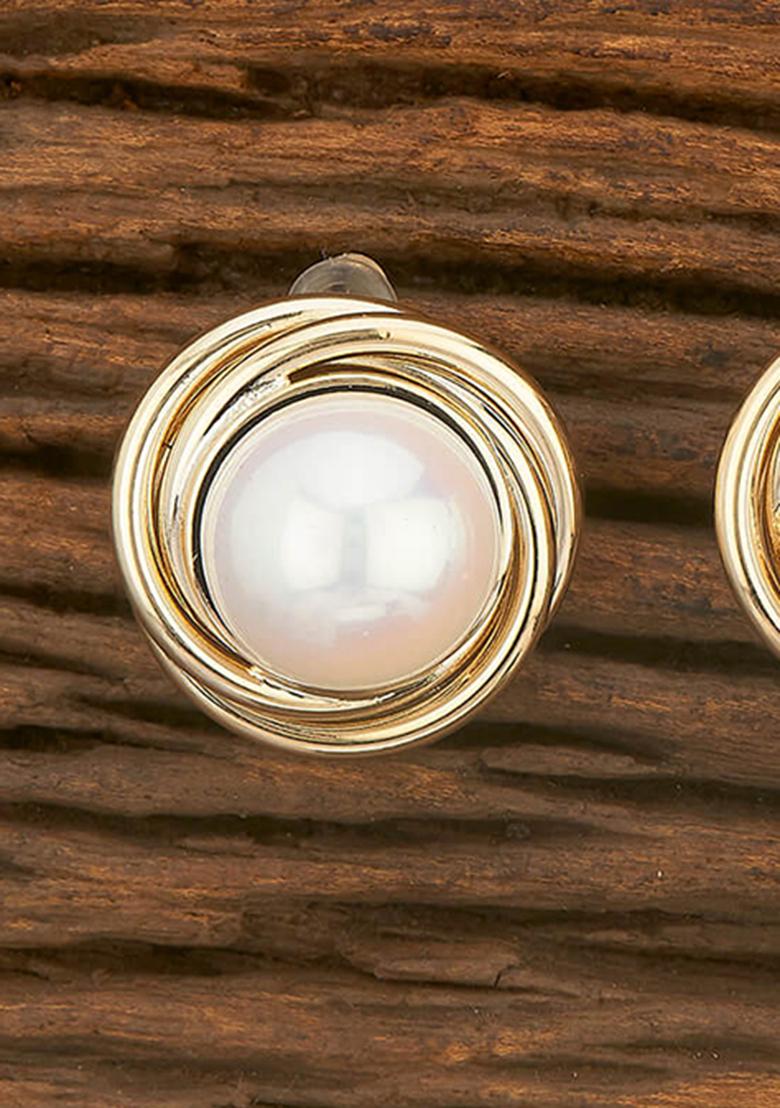 Golden White American Diamond Brass Earring - Indya