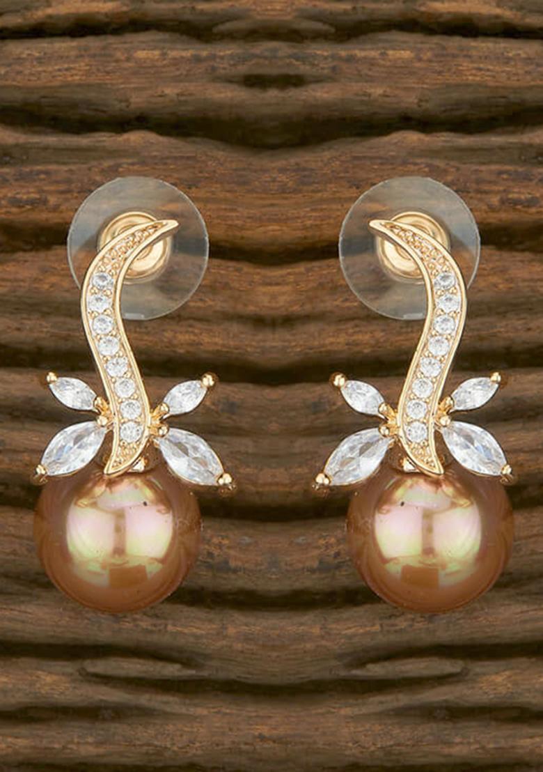 Golden White American Diamond Brass Earring - Indya