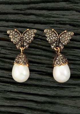 Golden White American Diamond Brass Earring