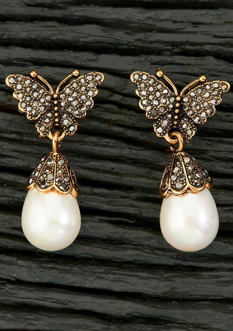 Golden White American Diamond Brass Earring - Indya
