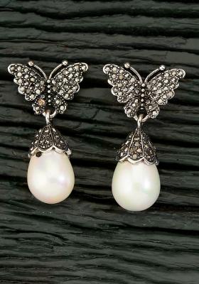 Silver Black American Diamond Brass Earring